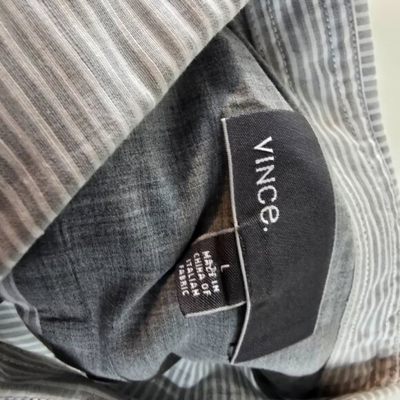 Vince Shirt Mens Large Gray Blue Striped Button Up Linen Cotton Ombre Preppy - Picture 7 of 10